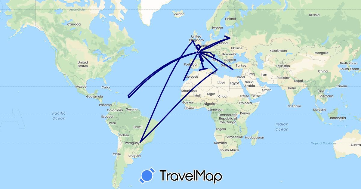 TravelMap itinerary: driving in Switzerland, Germany, Algeria, Spain, France, Greece, Ireland, Italy, Lithuania, Malta (Africa, Europe)